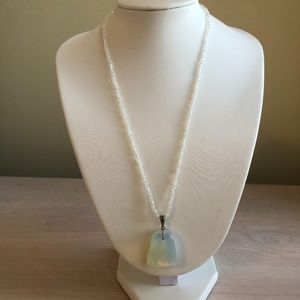 Handmade Iridescent White Beaded Necklace with Moonstone like Pendant